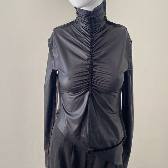 Sami Miro Vintage Shirred Vinyl Turtleneck Black Eco-Conscious Top in Carbon - Picture 7 of 10